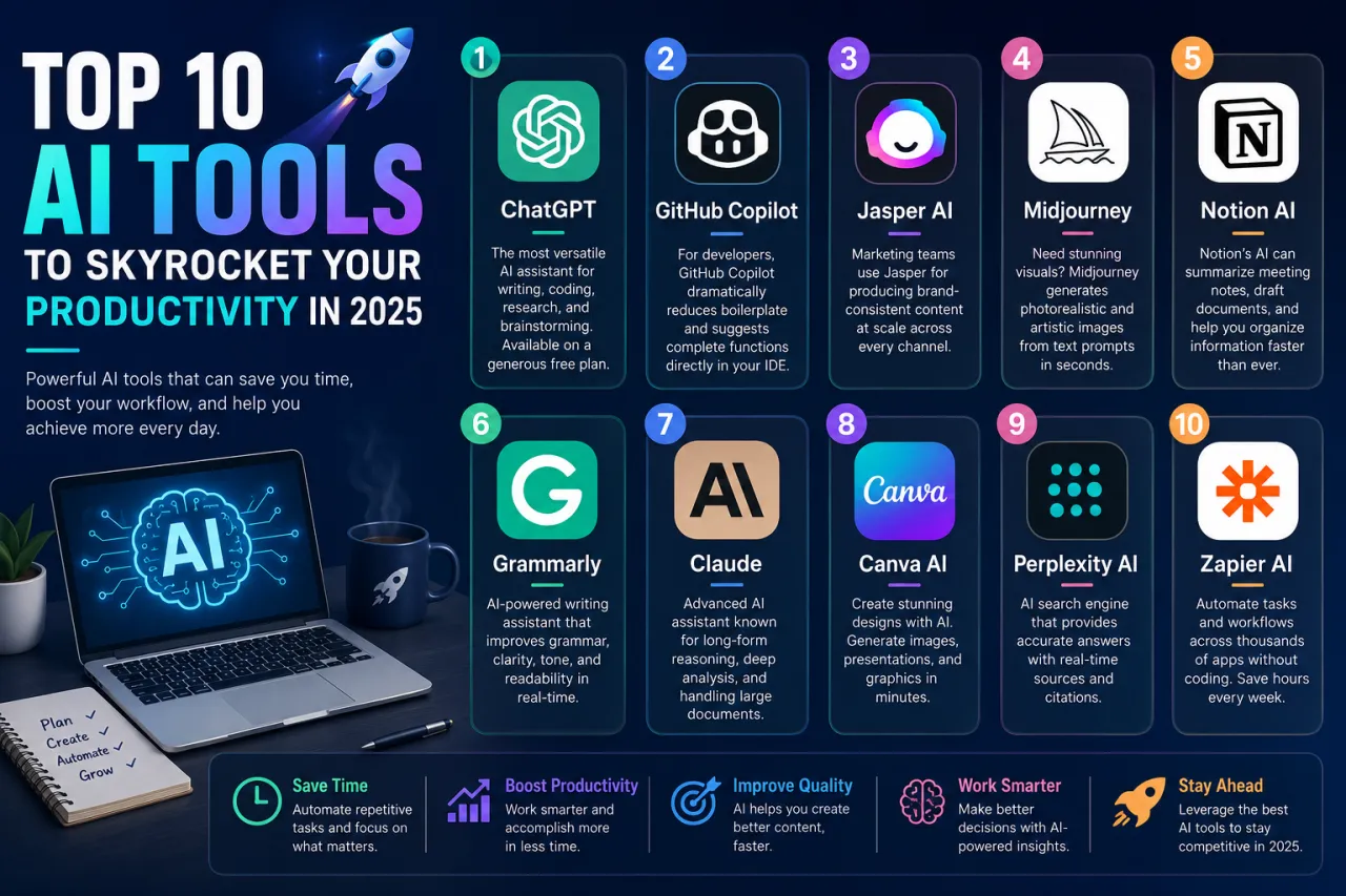Top 10 AI Tools to Skyrocket Your Productivity in 2025