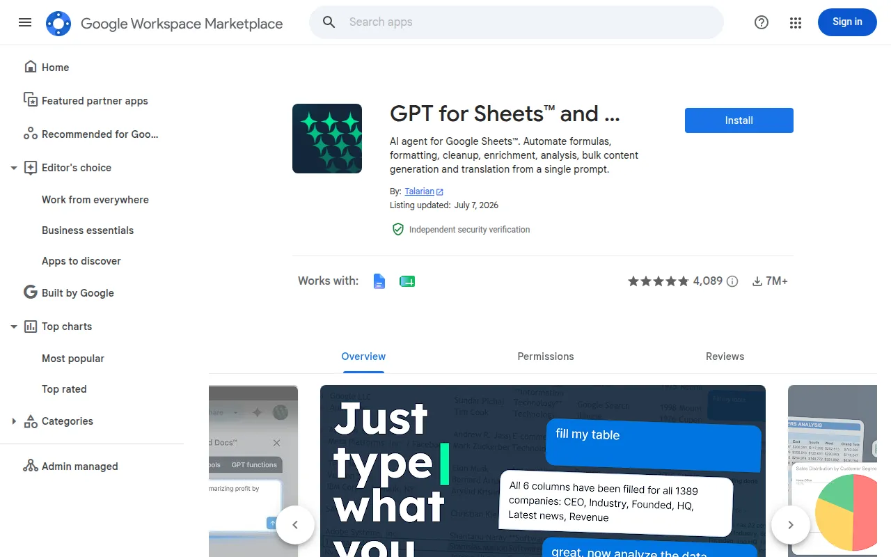 GPT for Sheets and Docs screenshot